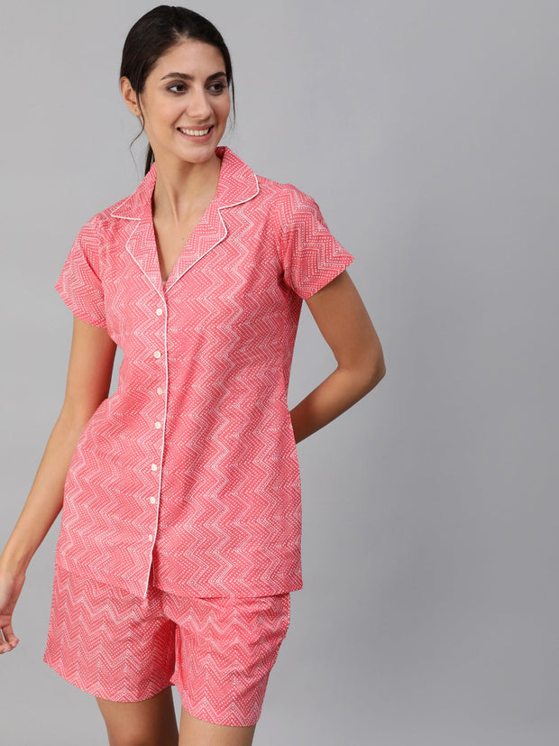 Women Pink ZIg-Zac Printed Night Suit