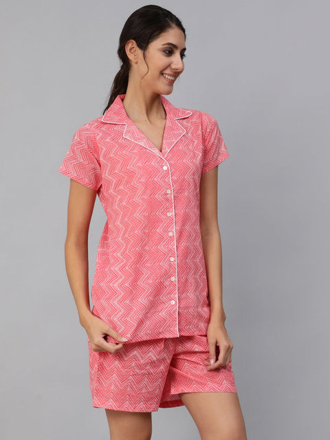 Women Pink ZIg-Zac Printed Night Suit