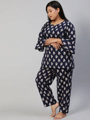 Women Navy Blue Printed Night Suit