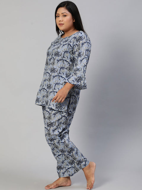 Women Blue Printed Night Suit