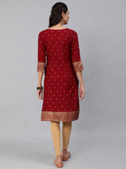 Women Maroon & Gold Printed Straight Kurta With Three Quarter sleeves