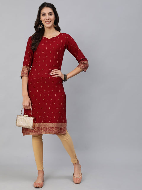 Women Maroon & Gold Printed Straight Kurta With Three Quarter sleeves