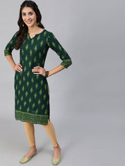 Women Green & Gold Printed Straight Kurta With Three Quarter sleeves