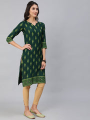 Women Green & Gold Printed Straight Kurta With Three Quarter sleeves