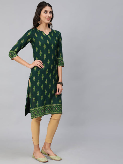 Women Green & Gold Printed Straight Kurta With Three Quarter sleeves