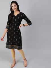 Women Black & Gold Printed Straight Kurta With Three Quarter Sleeves