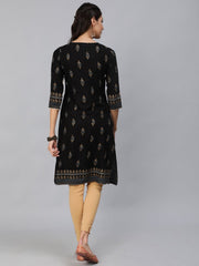 Women Black & Gold Printed Straight Kurta With Three Quarter Sleeves