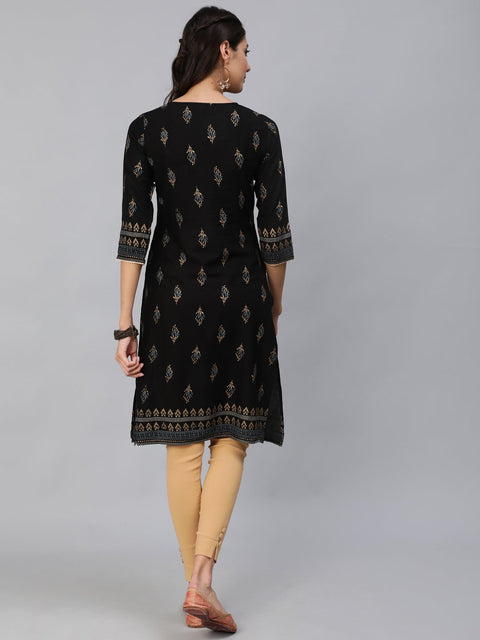 Women Black & Gold Printed Straight Kurta With Three Quarter Sleeves