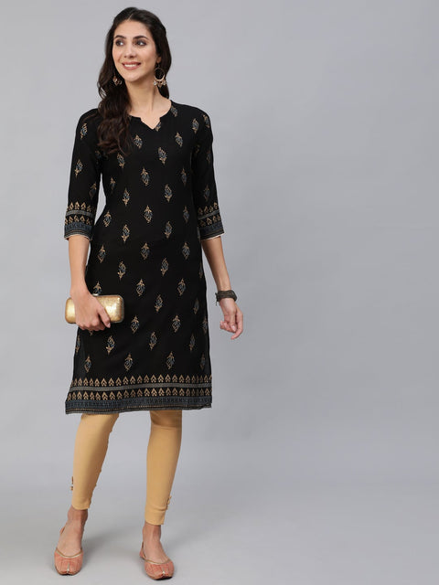 Women Black & Gold Printed Straight Kurta With Three Quarter Sleeves