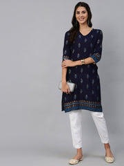 Women Navy Blue & Gold Printed Straight Kurta With Three Quarter sleeves