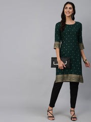 Women Green & Gold Printed Straight Kurta With Three Quarter sleeves
