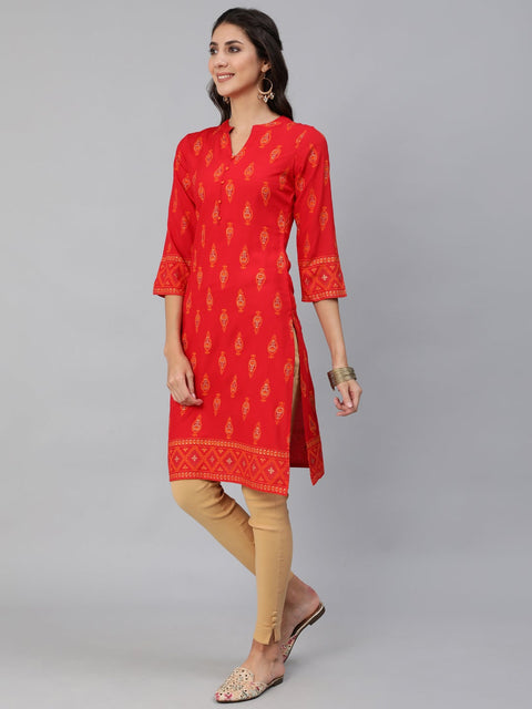 Women Red & Gold Toned Ethnic Motifs Printed Straight Kurta