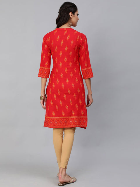 Women Red & Gold Toned Ethnic Motifs Printed Straight Kurta