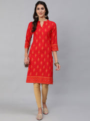 Women Red & Gold Toned Ethnic Motifs Printed Straight Kurta