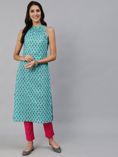 Women Green Printed Straight Sleeveless Kurta