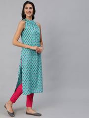 Women Green Printed Straight Sleeveless Kurta