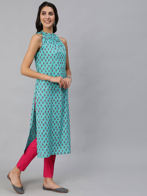 Women Green Printed Straight Sleeveless Kurta
