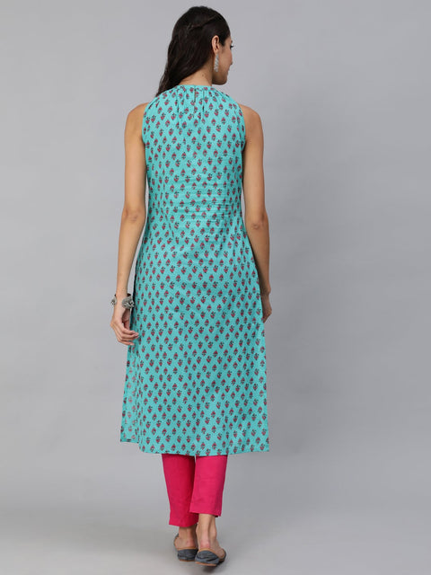 Women Green Printed Straight Sleeveless Kurta