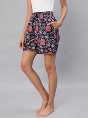 Women Blue Floral Printd Shorts With Pocket