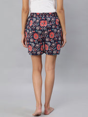 Women Blue Floral Printd Shorts With Pocket