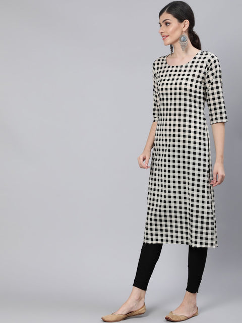 Women Black & White Checked  Straight Kurta With Three Quarter Sleeves