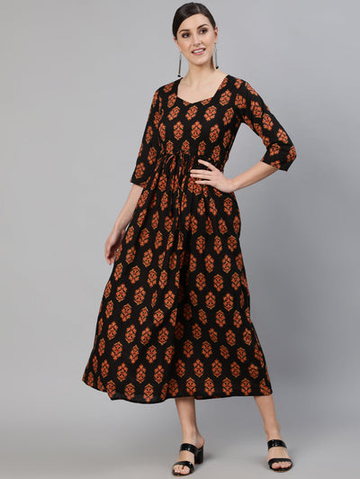 Women Black Printed Dress With Three Quarter Sleeves