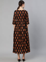 Women Black Printed Dress With Three Quarter Sleeves