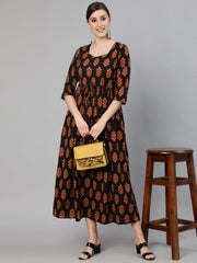 Women Black Printed Dress With Three Quarter Sleeves