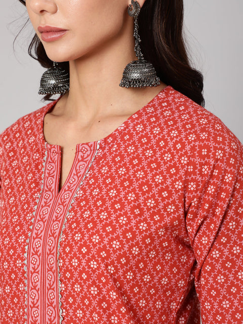 Women Rust Ethnic Printed Straight Kurta With Three Quarter Sleeves