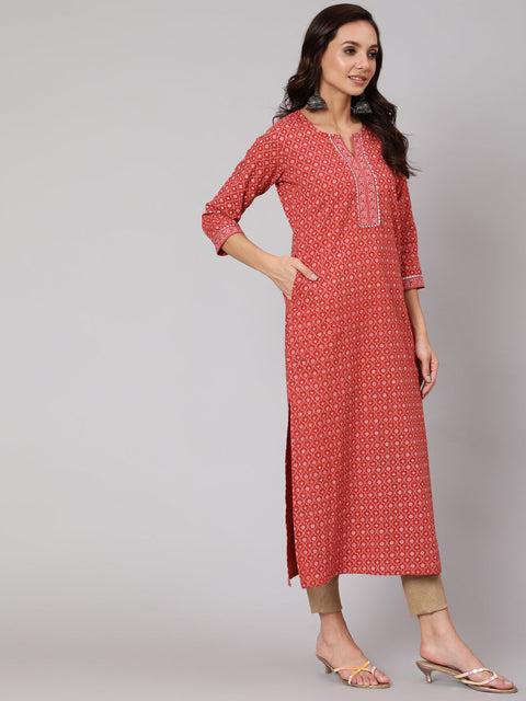 Women Rust Ethnic Printed Straight Kurta With Three Quarter Sleeves
