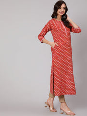 Women Rust Ethnic Printed Straight Kurta With Three Quarter Sleeves
