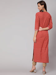 Women Rust Ethnic Printed Straight Kurta With Three Quarter Sleeves