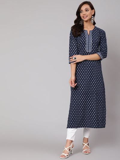 Women Navy Blue Ethnic Printed Straight Kurta With Three Quarter Sleeves