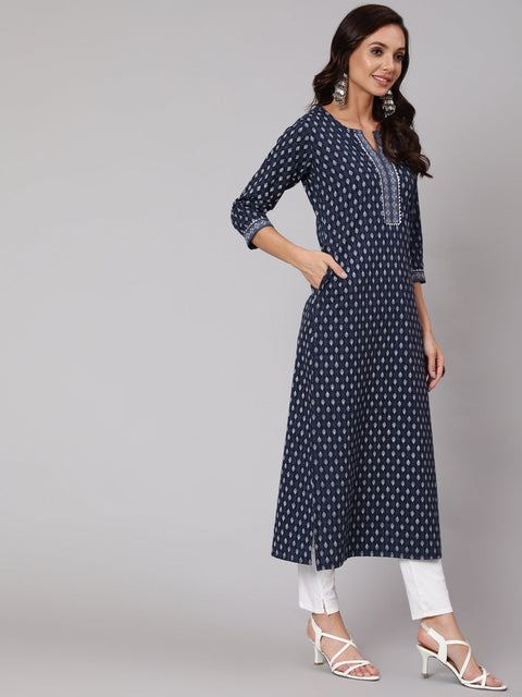 Women Navy Blue Ethnic Printed Straight Kurta With Three Quarter Sleeves