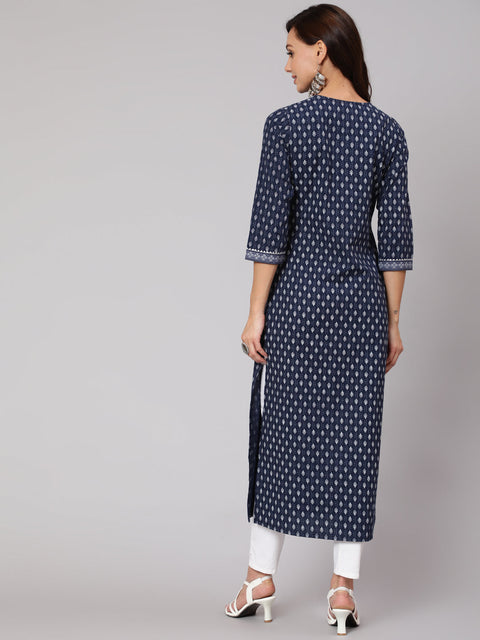 Women Navy Blue Ethnic Printed Straight Kurta With Three Quarter Sleeves