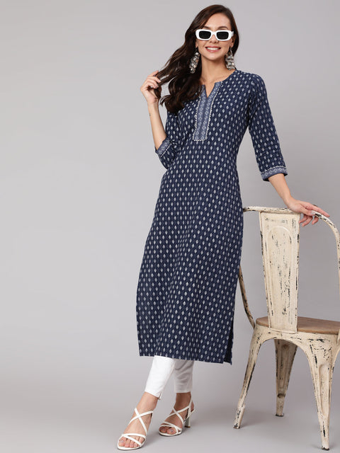 Women Navy Blue Ethnic Printed Straight Kurta With Three Quarter Sleeves
