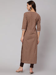 Women Brown Printed Straight kurta With Three Quarter Sleeves