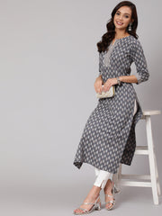 Women Grey Printed Straight kurta With Three Quarter Sleeves