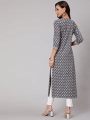Women Grey Printed Straight kurta With Three Quarter Sleeves