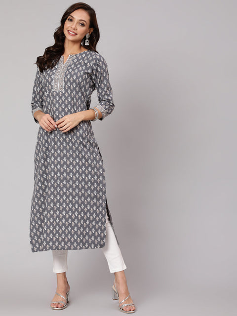 Women Grey Printed Straight kurta With Three Quarter Sleeves