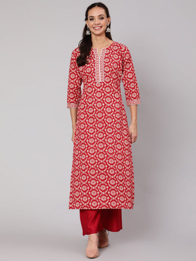 Women Red Ethnic Printed Straight Kurta With Three Quarter Sleeves