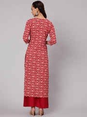 Women Red Ethnic Printed Straight Kurta With Three Quarter Sleeves
