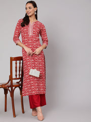 Women Red Ethnic Printed Straight Kurta With Three Quarter Sleeves