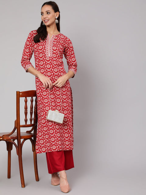 Women Red Ethnic Printed Straight Kurta With Three Quarter Sleeves