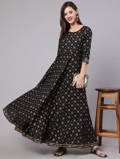 Women Black Printed Ethnic Dress with Gotta Details