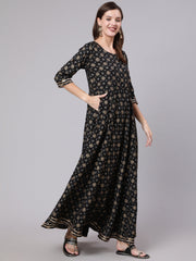 Women Black Printed Ethnic Dress with Gotta Details