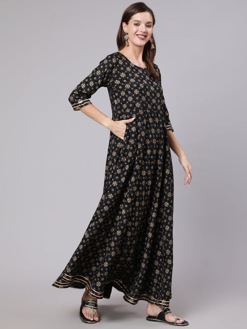Women Black Printed Ethnic Dress with Gotta Details