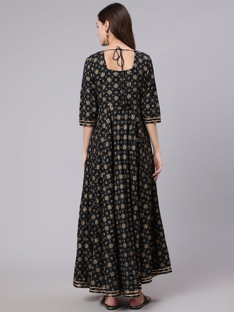 Women Black Printed Ethnic Dress with Gotta Details