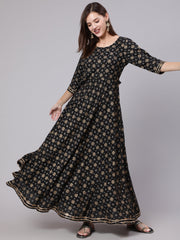 Women Black Printed Ethnic Dress with Gotta Details