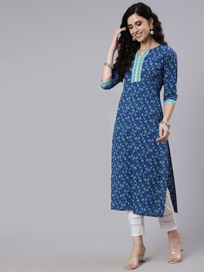 Women Blue Printed Straight kurta With Three Quarter Sleeves